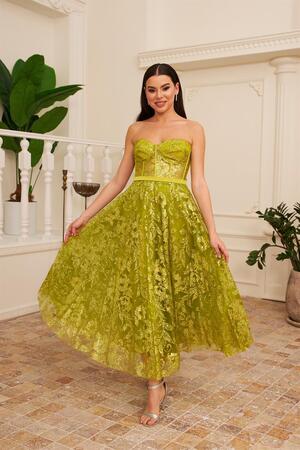 Pistachio Green Tulle Glitter Midi Engagement and Promise Dress - 2