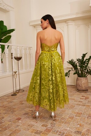 Pistachio Green Tulle Glitter Midi Engagement and Promise Dress - 5