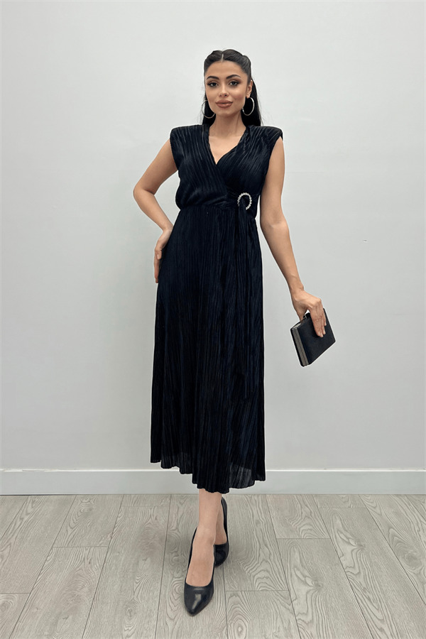 Pliseli Kumaş Beli Lastikli Kemerli Elbise - SİYAH - 1
