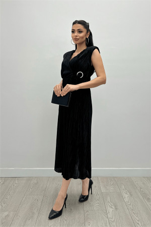 Pliseli Kumaş Beli Lastikli Kemerli Elbise - SİYAH - Angelino Moda (1)