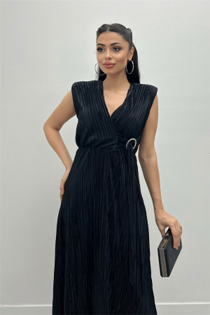 Pliseli Kumaş Beli Lastikli Kemerli Elbise - SİYAH - 3