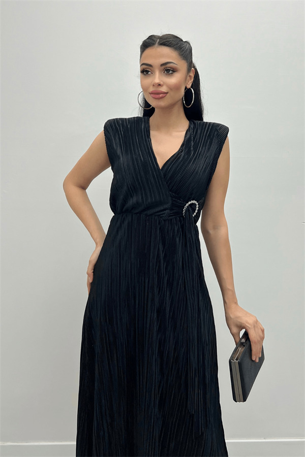 Pliseli Kumaş Beli Lastikli Kemerli Elbise - SİYAH - 3