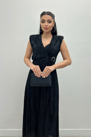 Pliseli Kumaş Beli Lastikli Kemerli Elbise - SİYAH - 4