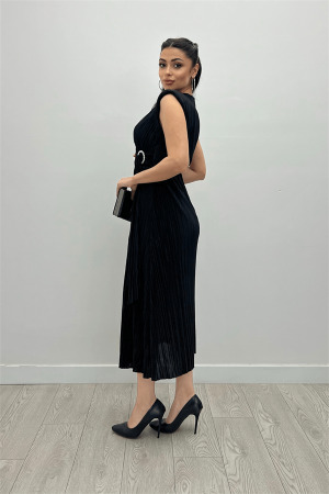 Pliseli Kumaş Beli Lastikli Kemerli Elbise - SİYAH - 5