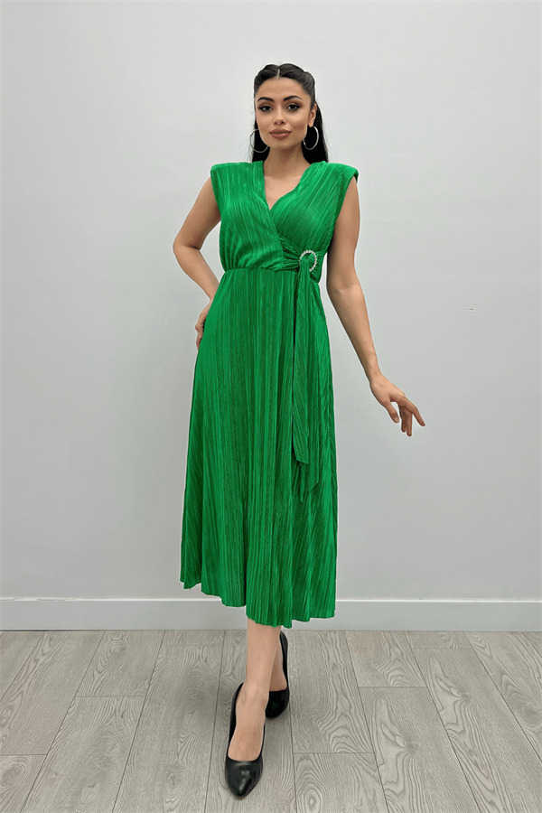 Pliseli Kumaş Beli Lastikli Kemerli Elbise - YEŞİL - 1