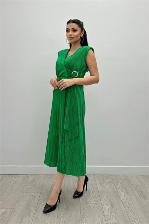 Pliseli Kumaş Beli Lastikli Kemerli Elbise - YEŞİL - Angelino Moda (1)