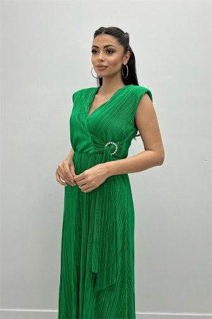 Pliseli Kumaş Beli Lastikli Kemerli Elbise - YEŞİL - 3