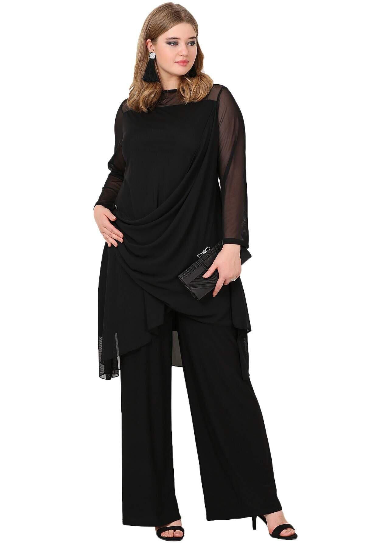 Plus Size Evening Pants Tunic Suit KL7894 Black