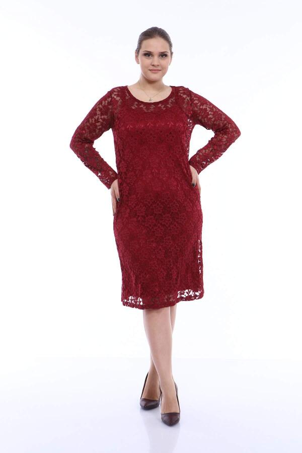 Large Size Lycra Lace Evening Dress KL15154 Claret Red - 1