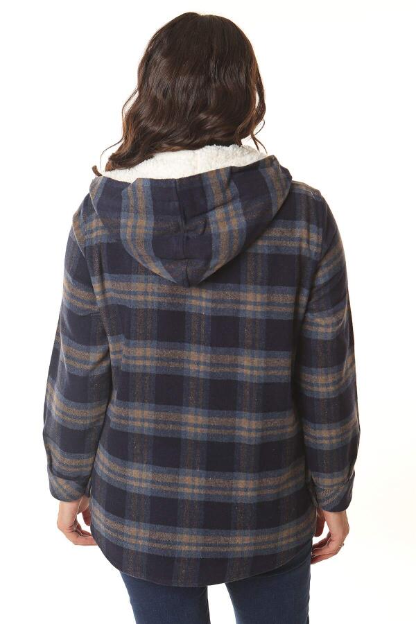 Plus Size Plush Hooded Plaid Indigo Jacket - 5