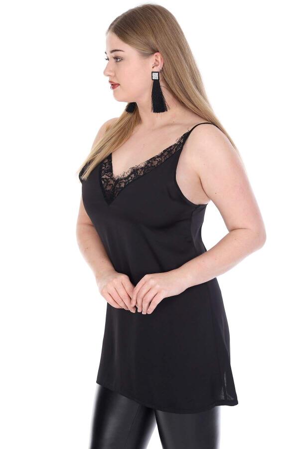 Plus Size Collar Lace Detail Strap Satin Evening Dress Blouse KL811blz Black - 2