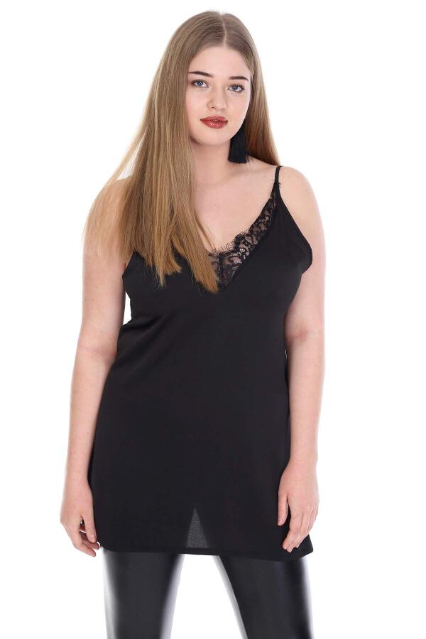 Plus Size Collar Lace Detail Strap Satin Evening Dress Blouse KL811blz Black - 4
