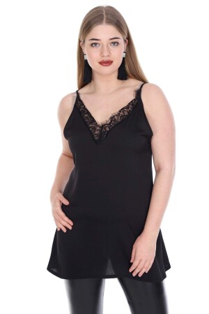 Plus Size Collar Lace Detail Strap Satin Evening Dress Blouse KL811blz Black - 1