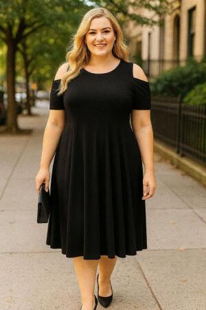Plus Size Shoulder Ripped Lycra Mini Sanded Dress DD3800 Black - 1
