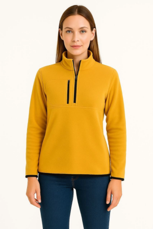 Polar Kazak – Dik Yaka, Yarım Fermuarlı, Fermuarlı Göğüs Cepli, Siyah Biyeli, Kışlık Rahat Regular Fit Günlük Model - Sarı - 4