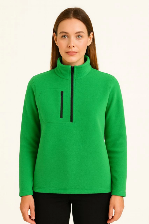 Polar Kazak – Dik Yaka, Yarım Fermuarlı, Fermuarlı Göğüs Cepli, Siyah Biyeli, Kışlık Rahat Regular Fit Günlük Model - Yeşil - 3