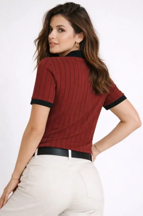 Polo Yaka Çizgili Tişört Kısa Kol Düğmeli Yazlık T-Shirt - Bordo - 2