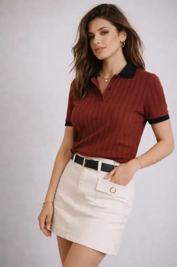 Polo Yaka Çizgili Tişört Kısa Kol Düğmeli Yazlık T-Shirt - Bordo - 3