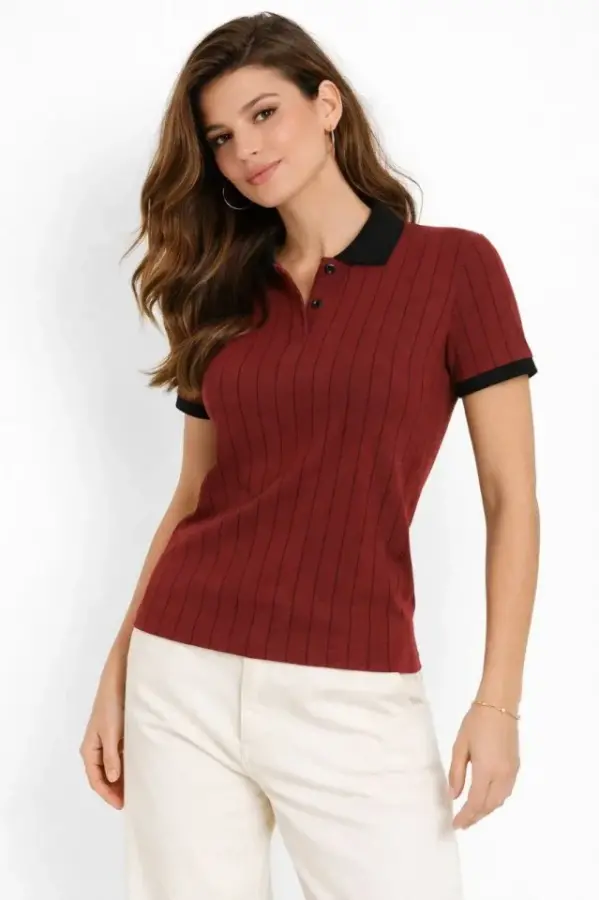Polo Yaka Çizgili Tişört Kısa Kol Düğmeli Yazlık T-Shirt - Bordo - 4