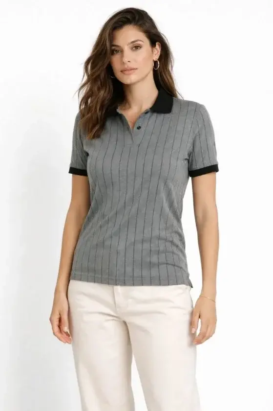 Polo Yaka Çizgili Tişört Kısa Kol Düğmeli Yazlık T-Shirt - Gri - 2