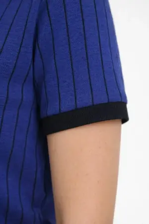 Polo Yaka Çizgili Tişört Kısa Kol Düğmeli Yazlık T-Shirt - Saks Mavisi - 3