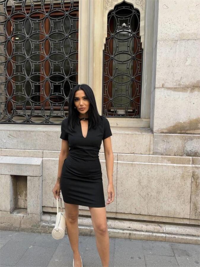 POLO YAKA YAKA KEMER DETAYLI KALEM ELBİSE - Siyah - 3