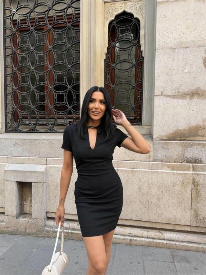 POLO YAKA YAKA KEMER DETAYLI KALEM ELBİSE - Siyah - 4