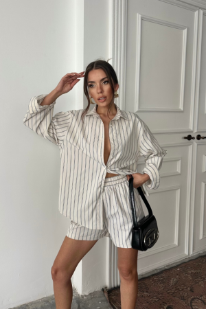 POPLİN ÇİZGİLİ GÖMLEK - ŞORT TAKIM - Bej - ANGELINO BuyukBedeniz