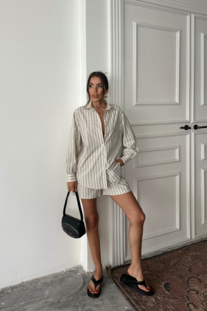 POPLİN ÇİZGİLİ GÖMLEK - ŞORT TAKIM - Bej - ANGELINO BuyukBedeniz (1)