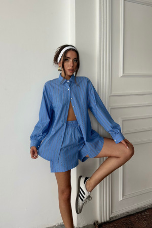 POPLİN ÇİZGİLİ GÖMLEK - ŞORT TAKIM - Mavi - ANGELINO BuyukBedeniz