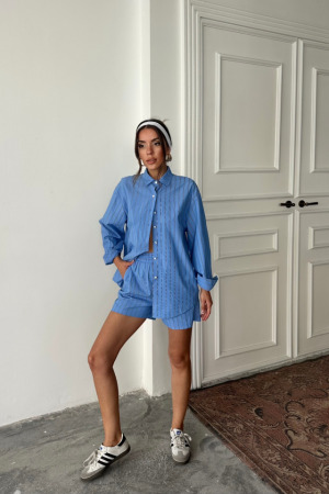 POPLİN ÇİZGİLİ GÖMLEK - ŞORT TAKIM - Mavi - 3