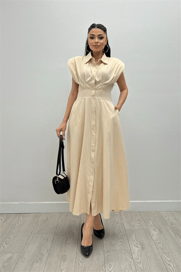 Poplin Kumaş Düğme Detaylı Elbise - KREM - 1