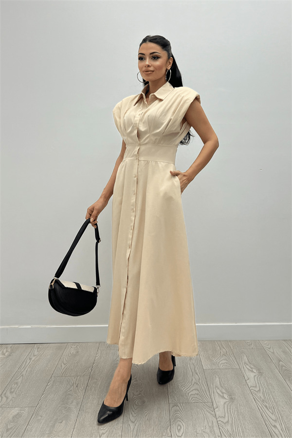 Poplin Kumaş Düğme Detaylı Elbise - KREM - 2