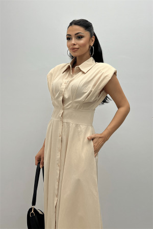 Poplin Kumaş Düğme Detaylı Elbise - KREM - 4