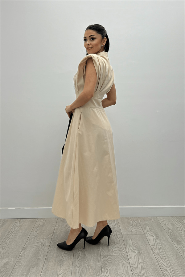 Poplin Kumaş Düğme Detaylı Elbise - KREM - 5