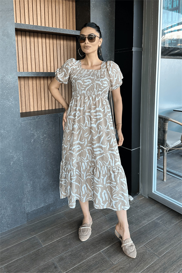 Poplin Kumas Göğüsü Büzgü Detaylı Midi Elbise - KREM - 2
