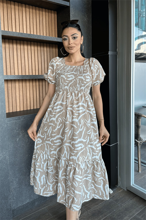 Poplin Kumas Göğüsü Büzgü Detaylı Midi Elbise - KREM - 3