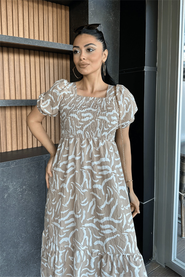 Poplin Kumas Göğüsü Büzgü Detaylı Midi Elbise - KREM - 4