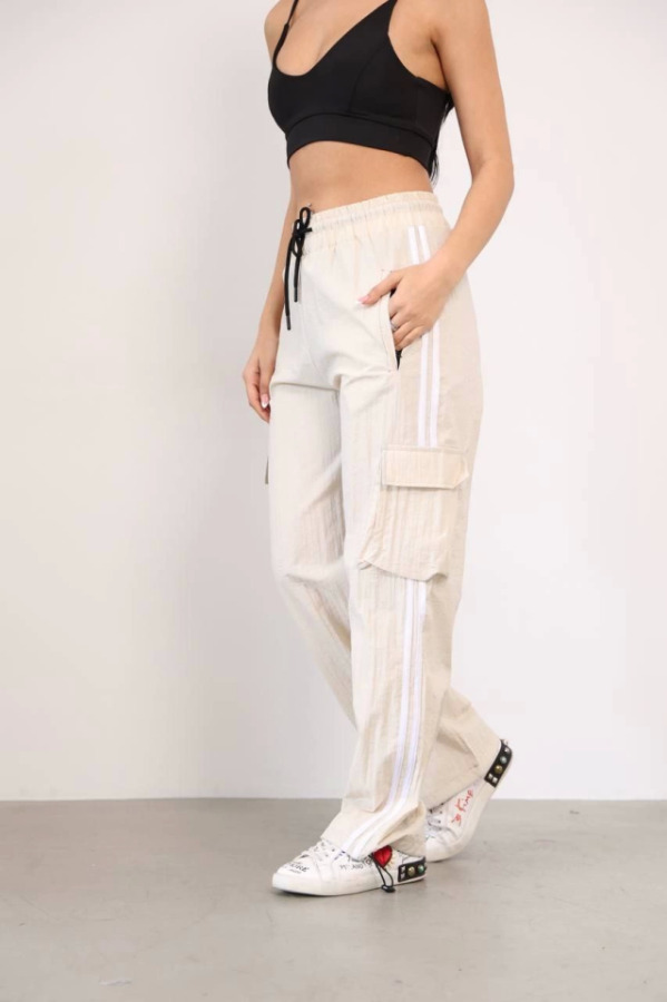 Praşut Kumaş Kargo Çeplı Baggy Esofman - Bej - 1