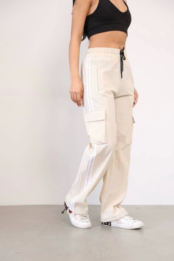 Praşut Kumaş Kargo Çeplı Baggy Esofman - Bej - 2
