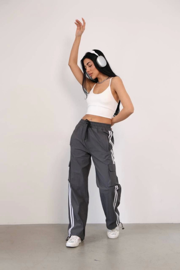 Praşut Kumaş Kargo Çeplı Baggy Esofman - Gri - 2