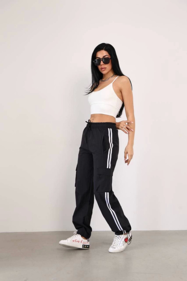 Praşut Kumaş Kargo Çeplı Baggy Esofman - Siyah - 1