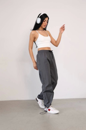 Praşut Kumaş Paça Cepli Baggy Eşofman - Antrasit - ANGELINO BuyukBedeniz