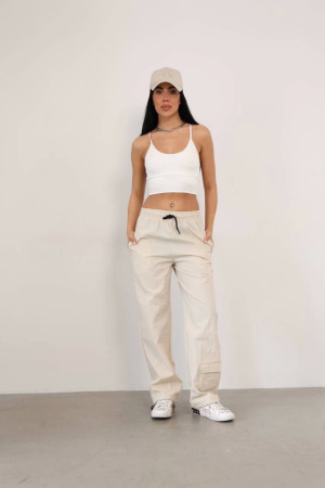 Praşut Kumaş Paça Cepli Baggy Eşofman - Bej - ANGELINO BuyukBedeniz