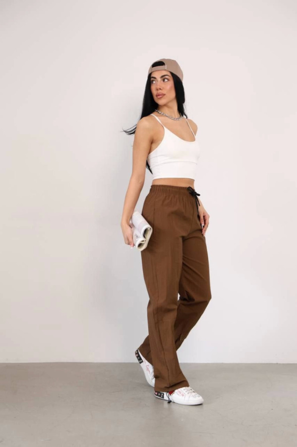 Praşut Kumaş Paça Cepli Baggy Eşofman - Kahve - 1
