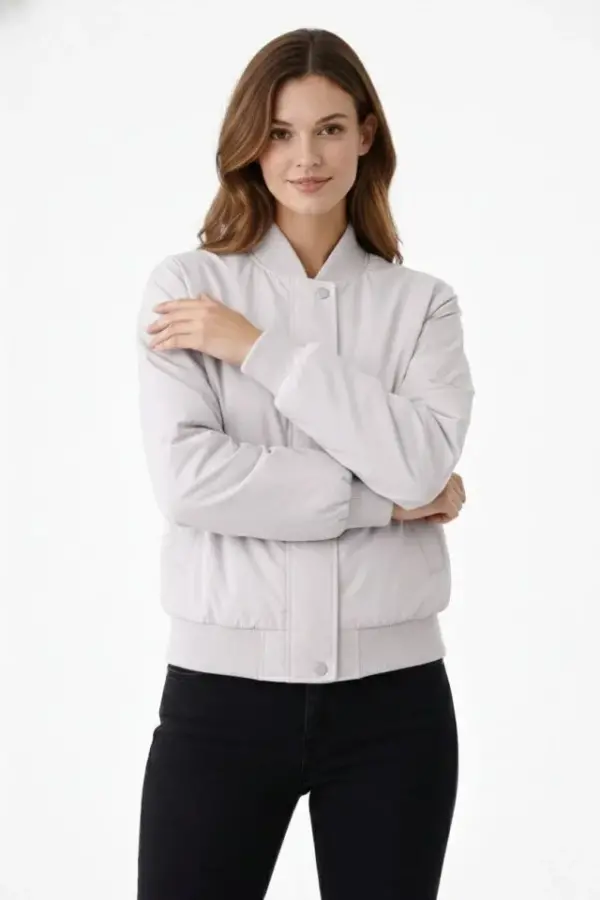 Premium Bomber Ceket Çıtçıt Kapamalı, Ribana Manşetli, Astarlı, Regular Fit Mont - Beyaz - 2