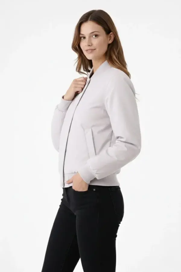 Premium Bomber Ceket Çıtçıt Kapamalı, Ribana Manşetli, Astarlı, Regular Fit Mont - Beyaz - 3