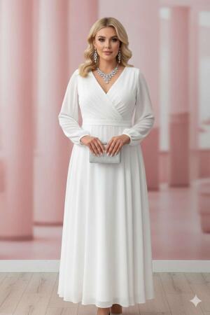 Premium Büyük Beden Beyaz Nikah Elbisesi Kruvaze Yaka, Akışkan Kloş ND4030 - Angelino Butik