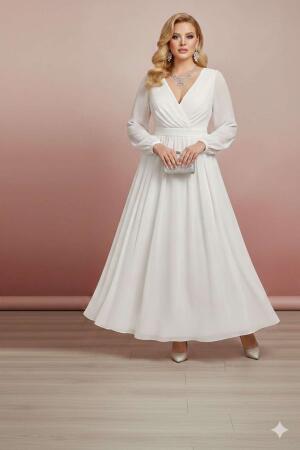 Premium Büyük Beden Nikah Elbisesi – Beyaz, Kruvaze Yaka, Akışkan Kloş Form ND4030 - Angelino Butik (1)