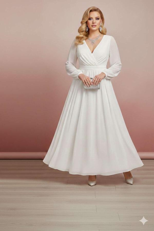 Premium Büyük Beden Nikah Elbisesi – Beyaz, Kruvaze Yaka, Akışkan Kloş Form ND4030 - 2